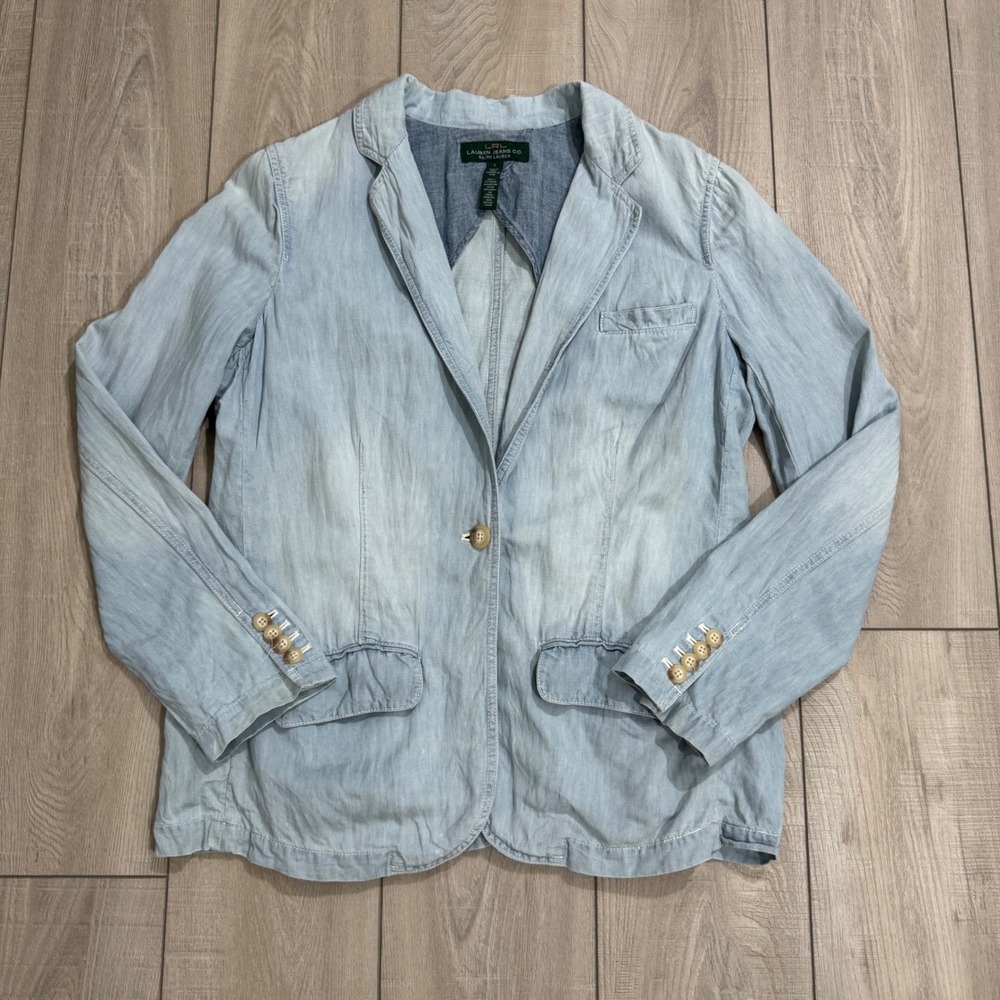 Lauren Jeans Co Blazer Women L Light Blue Cotton Linen Single Button Denim Look